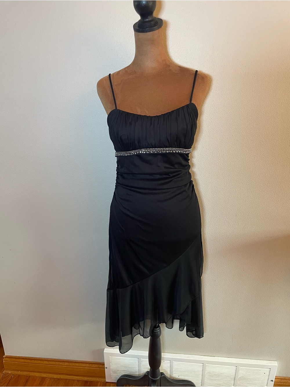 Studio Y Black Spaghetti-Strap Midi Dress with Rhinestone Trim